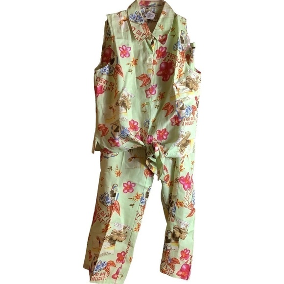 VINTAGE 90’s Dandy Cruise Print Linen Outfit Tie Front Top Cropped Pants MediumF - Picture 1 of 6
